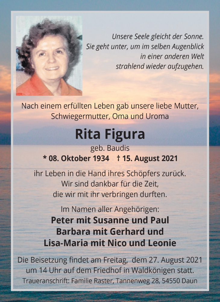  Traueranzeige für Rita Figura vom 20.08.2021 aus  Wochenende 