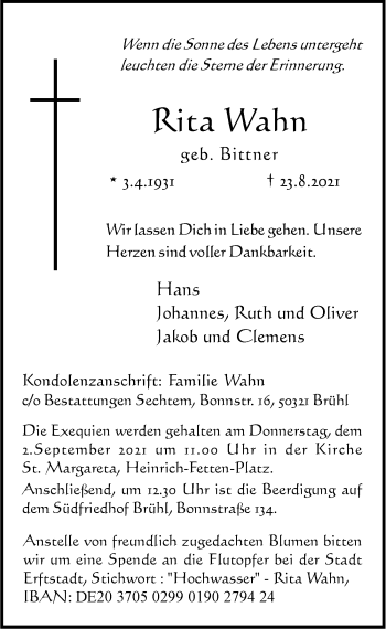 Anzeige von Rita Wahn von  Schlossbote/Werbekurier 