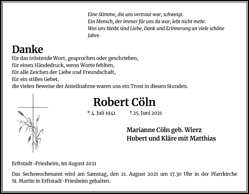  Traueranzeige für Robert Cöln vom 14.08.2021 aus Kölner Stadt-Anzeiger / Kölnische Rundschau / Express