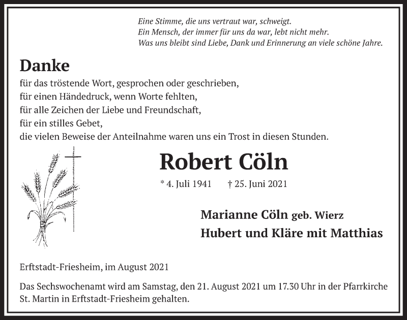 Traueranzeige für Robert Cöln vom 13.08.2021 aus  Werbepost 