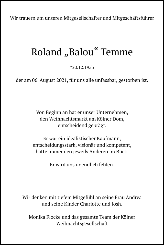  Traueranzeige für Roland Temme vom 14.08.2021 aus Kölner Stadt-Anzeiger / Kölnische Rundschau / Express