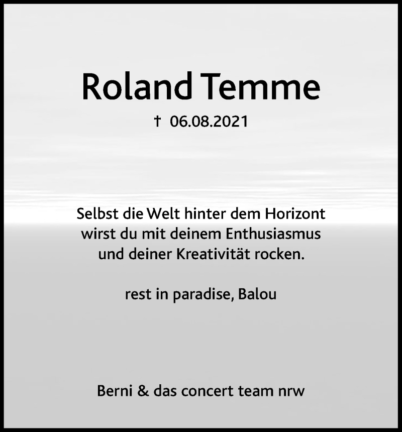  Traueranzeige für Roland Temme vom 13.08.2021 aus Kölner Stadt-Anzeiger / Kölnische Rundschau / Express