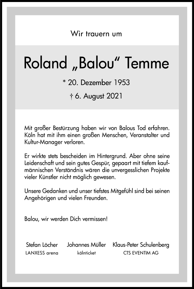  Traueranzeige für Roland Temme vom 14.08.2021 aus Kölner Stadt-Anzeiger / Kölnische Rundschau / Express