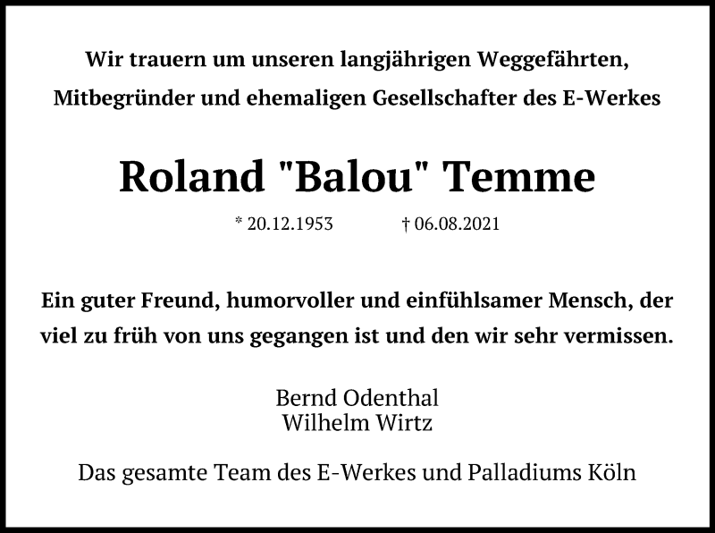  Traueranzeige für Roland Temme vom 14.08.2021 aus Kölner Stadt-Anzeiger / Kölnische Rundschau / Express