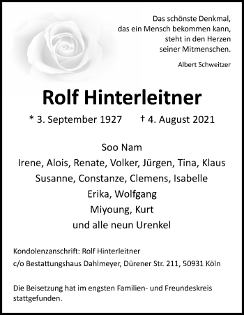 Anzeige von Rolf Hinterleitner von Kölner Stadt-Anzeiger / Kölnische Rundschau / Express