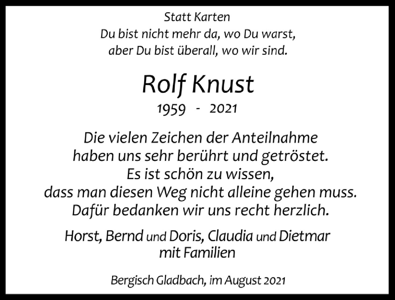  Traueranzeige für Rolf Knust vom 20.08.2021 aus  Bergisches Handelsblatt 