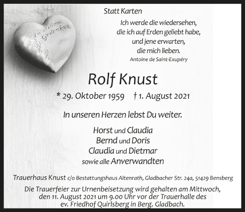  Traueranzeige für Rolf Knust vom 06.08.2021 aus  Bergisches Handelsblatt 