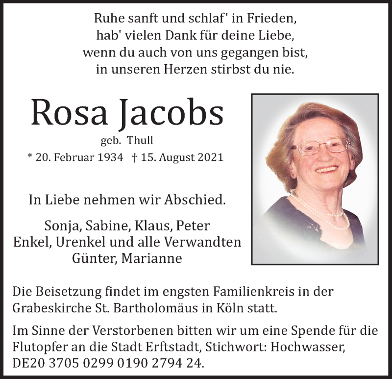 Traueranzeige für Rosa Jacobs vom 28.08.2021 aus Kölner Stadt-Anzeiger / Kölnische Rundschau / Express