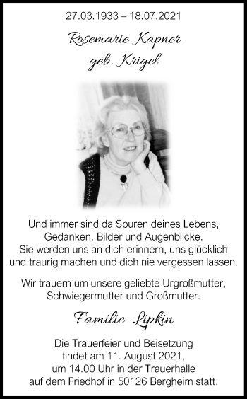 Anzeige von Rosemarie Kapner von Kölner Stadt-Anzeiger / Kölnische Rundschau / Express