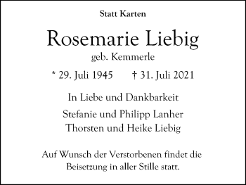 Anzeige von Rosemarie Liebig von Kölner Stadt-Anzeiger / Kölnische Rundschau / Express
