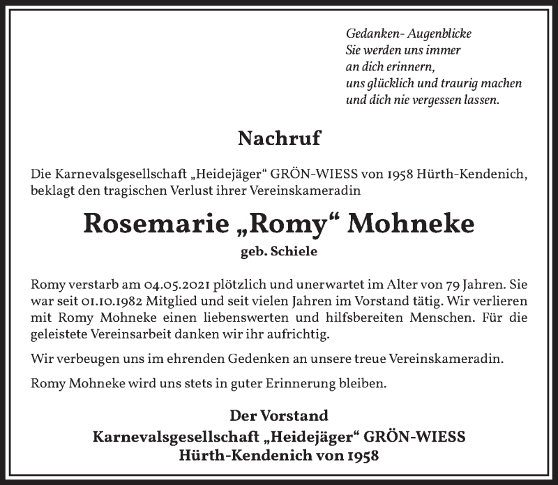  Traueranzeige für Rosemarie Mohneke vom 20.08.2021 aus  Wochenende 