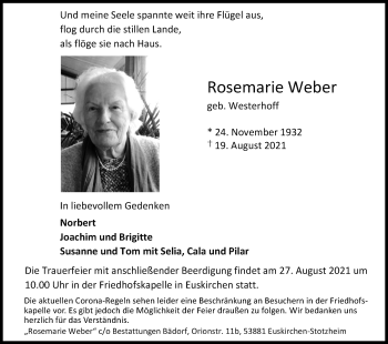 Anzeige von Rosemarie Weber von Kölner Stadt-Anzeiger / Kölnische Rundschau / Express