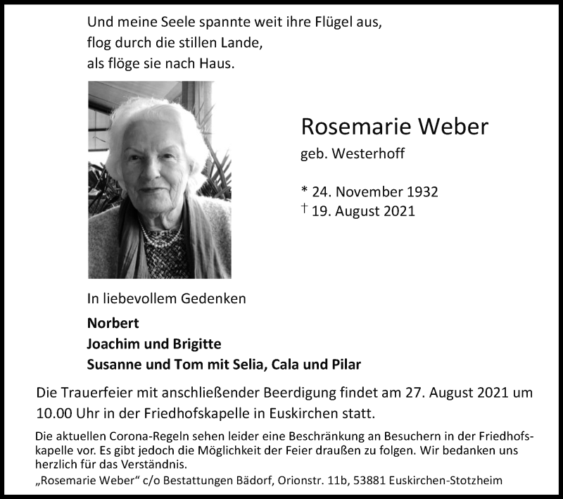  Traueranzeige für Rosemarie Weber vom 25.08.2021 aus Kölner Stadt-Anzeiger / Kölnische Rundschau / Express