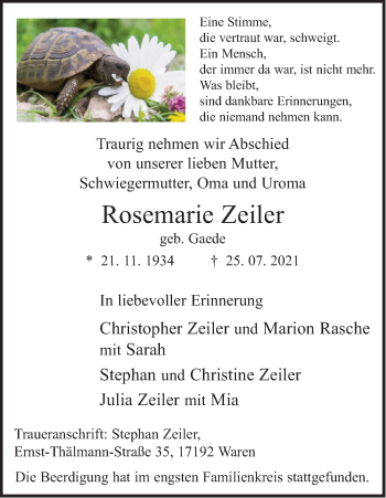 Anzeige von Rosemarie Zeiler von Kölner Stadt-Anzeiger / Kölnische Rundschau / Express