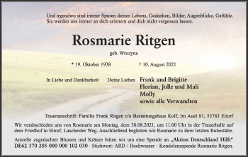 Anzeige von Rosmarie Ritgen von Kölner Stadt-Anzeiger / Kölnische Rundschau / Express