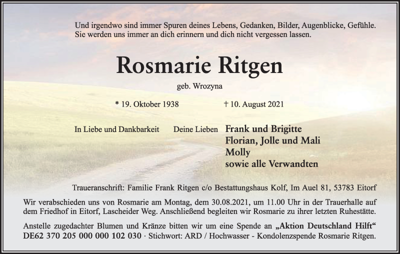  Traueranzeige für Rosmarie Ritgen vom 21.08.2021 aus Kölner Stadt-Anzeiger / Kölnische Rundschau / Express