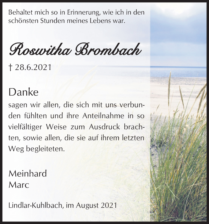  Traueranzeige für Roswitha Brombach vom 07.08.2021 aus Kölner Stadt-Anzeiger / Kölnische Rundschau / Express