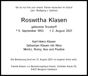 Anzeige von Roswitha Klasen von Kölner Stadt-Anzeiger / Kölnische Rundschau / Express