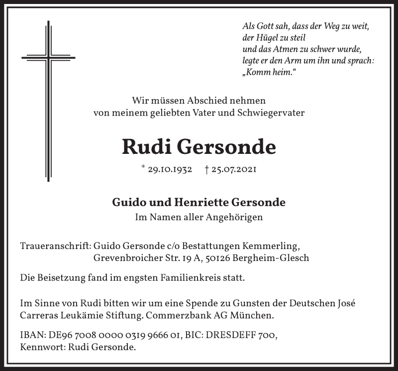  Traueranzeige für Rudi Gersonde vom 06.08.2021 aus  Werbepost 