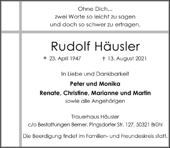 Anzeige von Rudolf Häusler von  Schlossbote/Werbekurier 