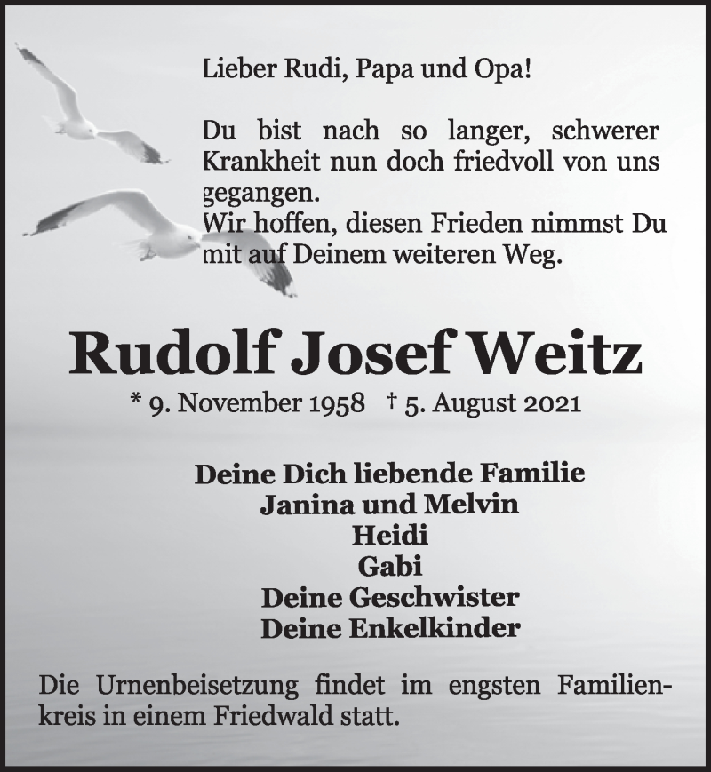  Traueranzeige für Rudolf Weitz vom 13.08.2021 aus  Werbepost 