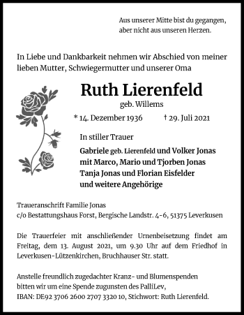 Anzeige von Ruth Lierenfeld von Kölner Stadt-Anzeiger / Kölnische Rundschau / Express