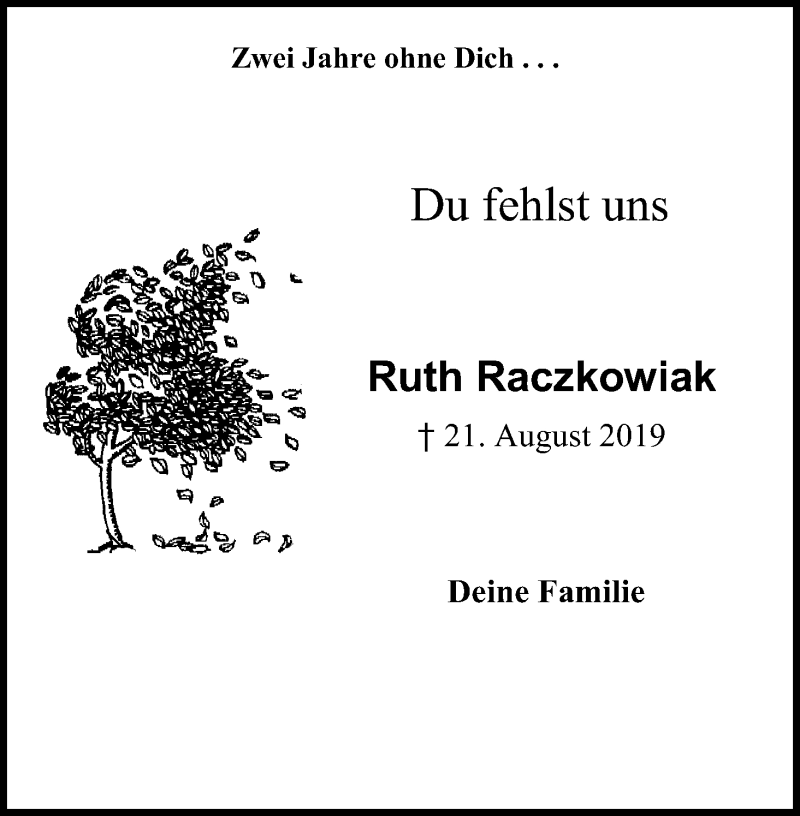  Traueranzeige für Ruth Raczkowiak vom 21.08.2021 aus Kölner Stadt-Anzeiger / Kölnische Rundschau / Express