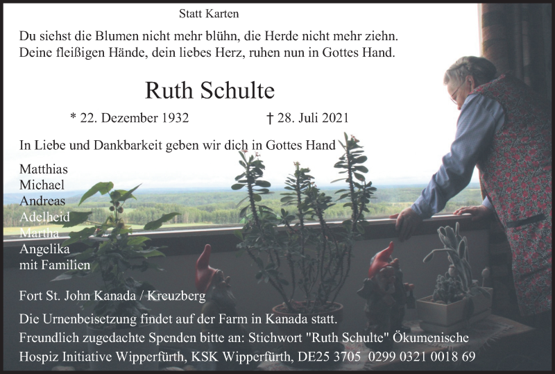  Traueranzeige für Ruth Schulte vom 07.08.2021 aus Kölner Stadt-Anzeiger / Kölnische Rundschau / Express