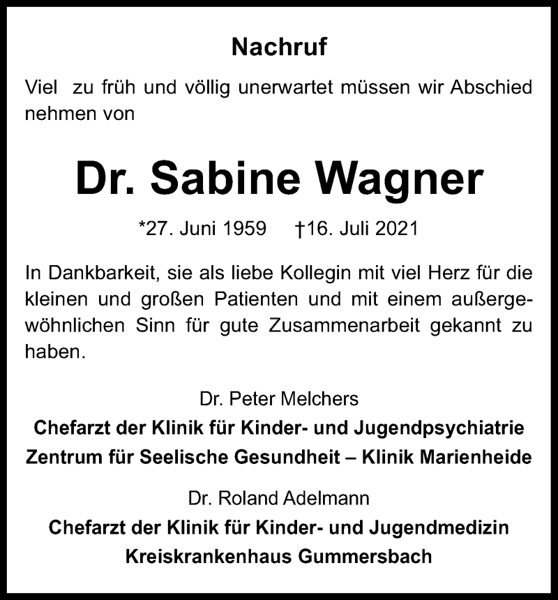  Traueranzeige für Sabine Wagner vom 04.08.2021 aus Kölner Stadt-Anzeiger / Kölnische Rundschau / Express