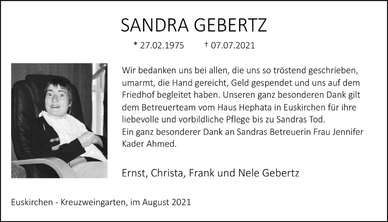  Traueranzeige für Sandra Gebertz vom 14.08.2021 aus  Blickpunkt Euskirchen 