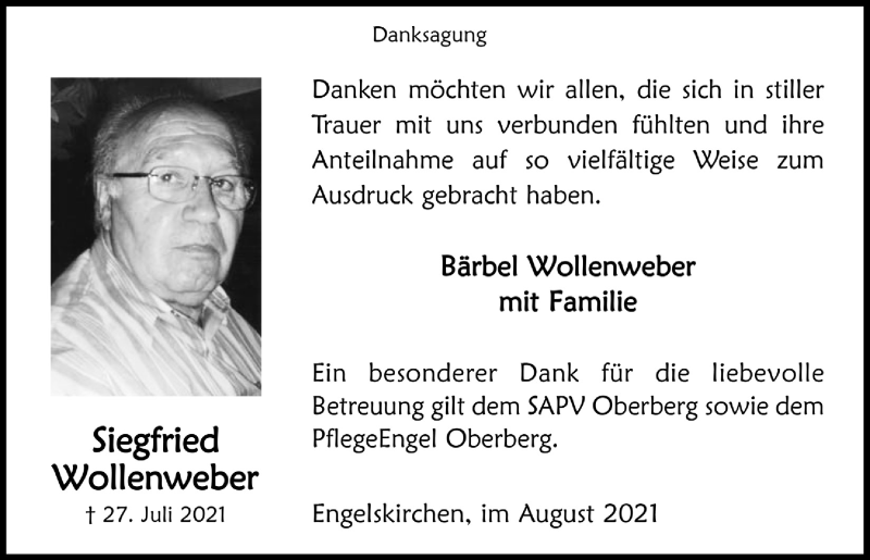  Traueranzeige für Siegfried Wollenweber vom 27.08.2021 aus  Bergisches Handelsblatt  Anzeigen Echo 