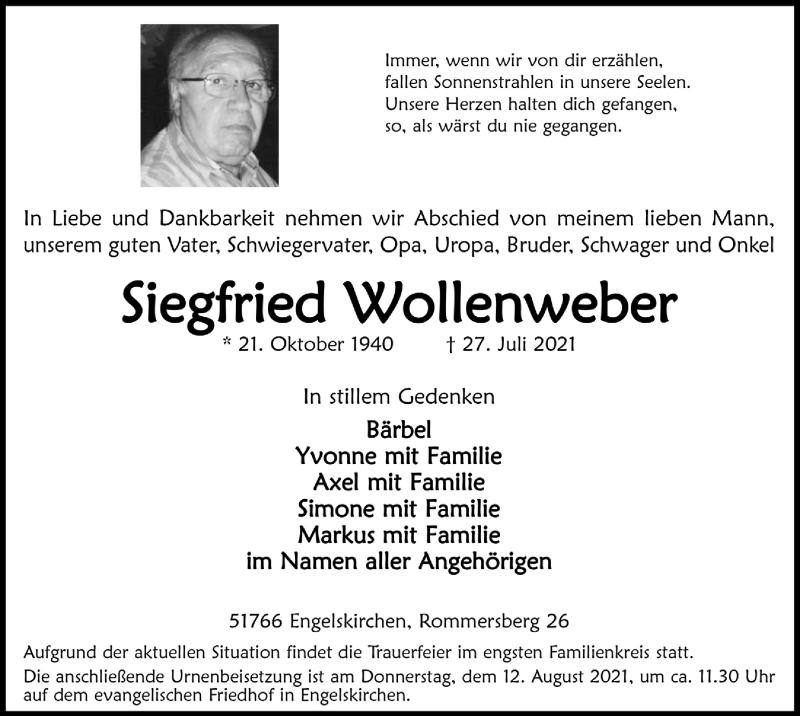 Traueranzeige für Siegfried Wollenweber vom 06.08.2021 aus  Bergisches Handelsblatt  Anzeigen Echo 