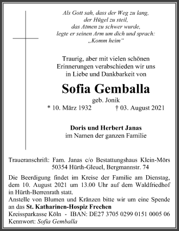 Anzeige von Sofia Gemballa von Kölner Stadt-Anzeiger / Kölnische Rundschau / Express