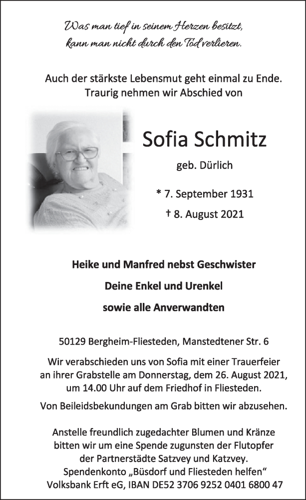  Traueranzeige für Sofia Schmitz vom 13.08.2021 aus  Werbepost 