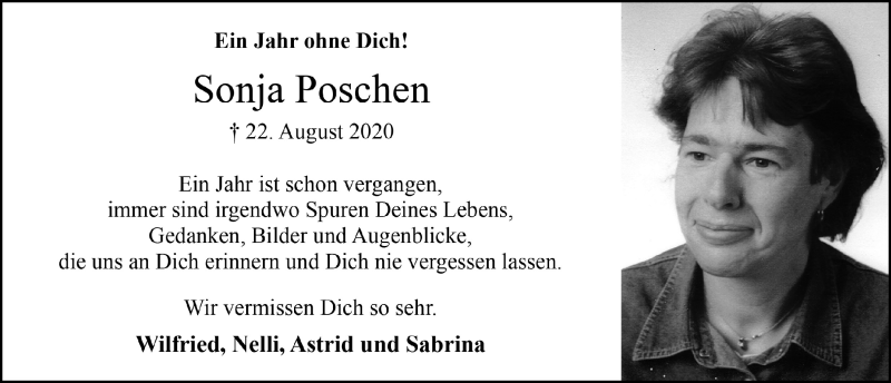 Traueranzeige für Sonja Poschen vom 21.08.2021 aus  Blickpunkt Euskirchen 
