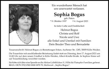 Anzeige von Sophia Bogus von Kölner Stadt-Anzeiger / Kölnische Rundschau / Express
