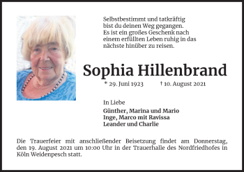 Anzeige von Sophia Hillenbrand von Kölner Stadt-Anzeiger / Kölnische Rundschau / Express