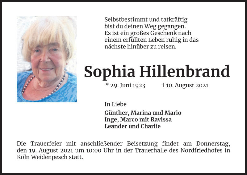  Traueranzeige für Sophia Hillenbrand vom 14.08.2021 aus Kölner Stadt-Anzeiger / Kölnische Rundschau / Express