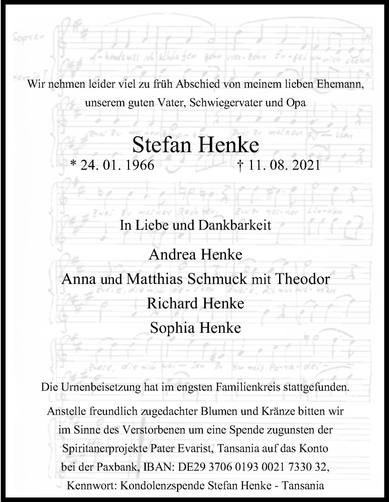  Traueranzeige für Stefan Henke vom 21.08.2021 aus Kölner Stadt-Anzeiger / Kölnische Rundschau / Express