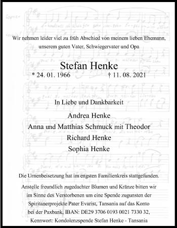 Anzeige von Stefan Henke von Kölner Stadt-Anzeiger / Kölnische Rundschau / Express