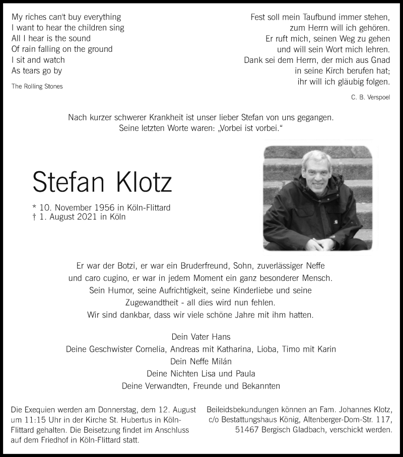  Traueranzeige für Stefan Klotz vom 07.08.2021 aus Kölner Stadt-Anzeiger / Kölnische Rundschau / Express