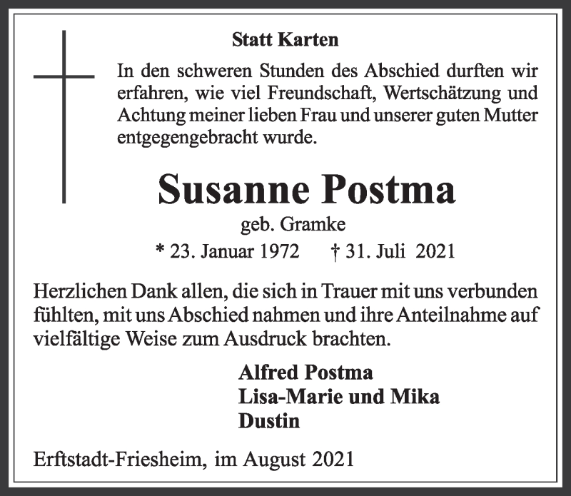  Traueranzeige für Susanne Postma vom 20.08.2021 aus  Werbepost 