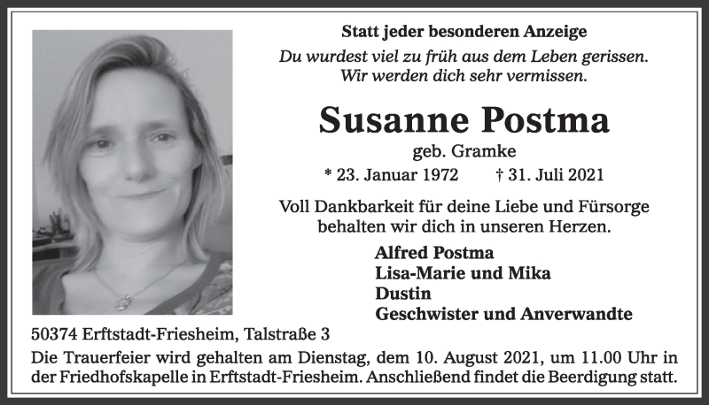  Traueranzeige für Susanne Postma vom 06.08.2021 aus  Werbepost 