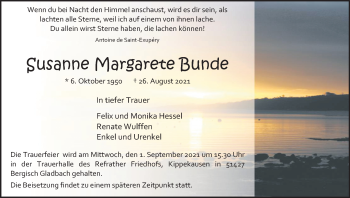 Anzeige von Susanne Margarete Bunde von Kölner Stadt-Anzeiger / Kölnische Rundschau / Express