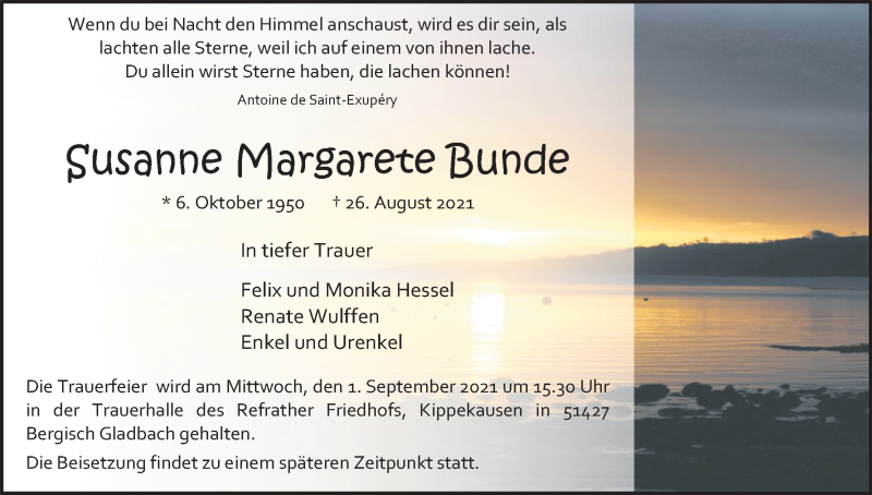  Traueranzeige für Susanne Margarete Bunde vom 30.08.2021 aus Kölner Stadt-Anzeiger / Kölnische Rundschau / Express