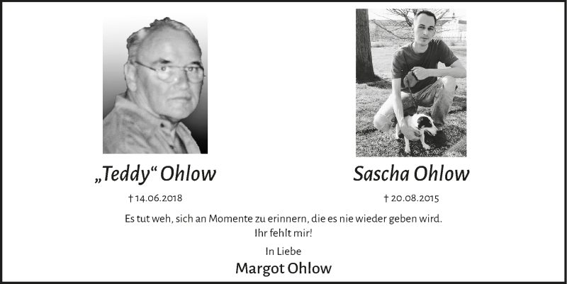 Traueranzeige für Teddy Ohlow vom 20.08.2021 aus  Schlossbote/Werbekurier 