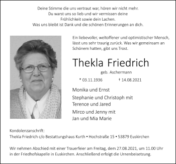 Anzeige von Thekla Friedrich von  Blickpunkt Euskirchen 