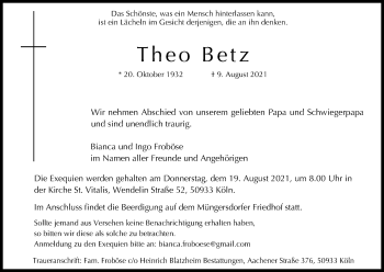 Anzeige von Theo Betz von Kölner Stadt-Anzeiger / Kölnische Rundschau / Express