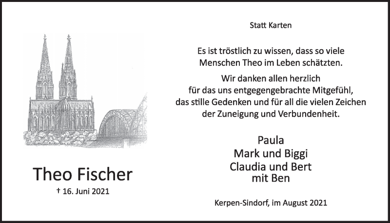  Traueranzeige für Theo Fischer vom 06.08.2021 aus  Wochenende  Werbepost 