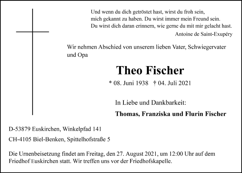  Traueranzeige für Theo Fischer vom 21.08.2021 aus  Blickpunkt Euskirchen 